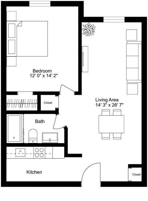 Floor plan view of a 1 bedroom apartment at Kent Apartments in Lowell MA